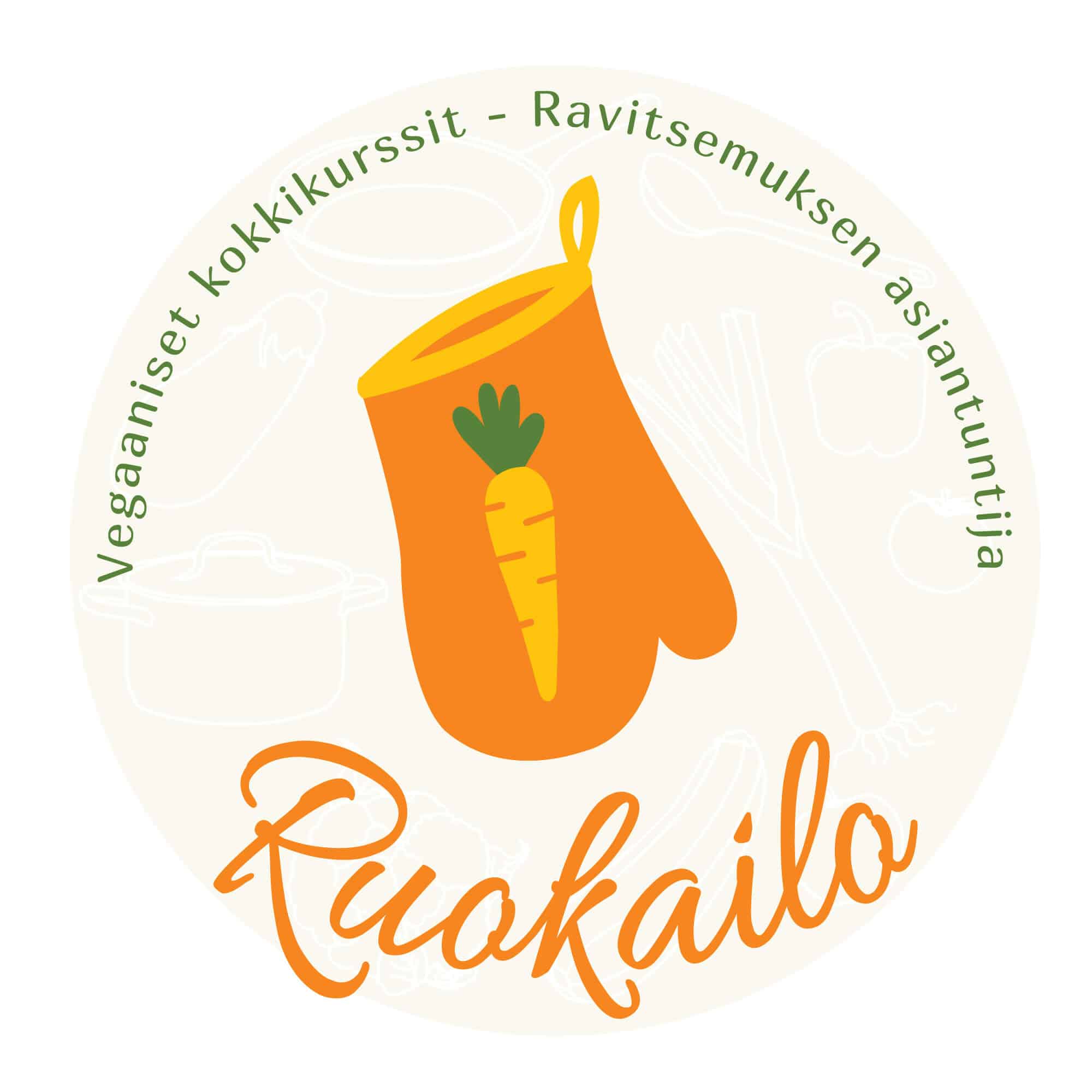 ruokailon logo, jossa on oranssi patakinnas keltaisella porkkanalla sekÃ¤ teksti: Vegaaniset kokkikurssit - ravitsemuksen asiantuntija